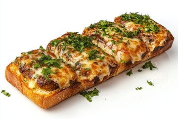 Delicious cheesy bread topped with fresh parsley close up food photography perfect for cookbook recipe illustration