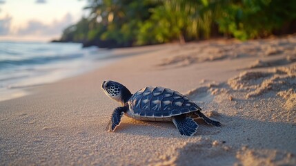 Baby sea turtle crawls on sandy beach at sunset. Perfect for illustrating conservation, wildlife, or ocean themes.
