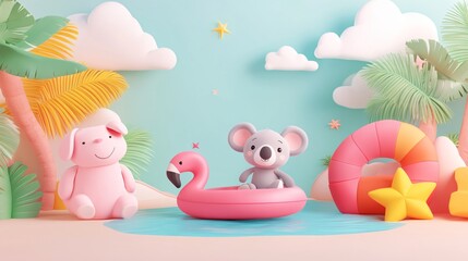 Playful scene with cute animals on floaties, pastel colors, cheerful summer vibes, ideal for children's products or decor.