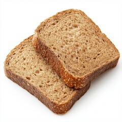 two slices of whole grain bread with a golden brown crust placed on a clean white background showing texture and details of fresh healthy baked food product