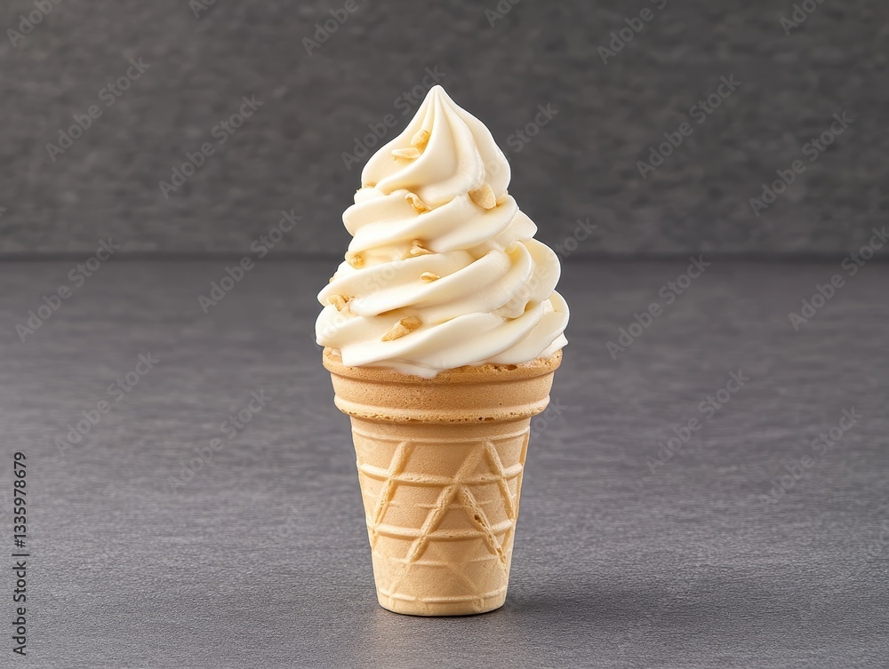 Poster delicious soft-serve ice cream cone with creamy swirl on a textured background