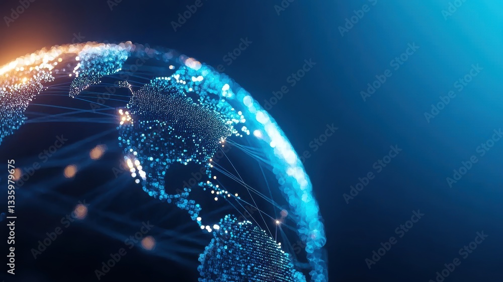 Poster global network rotating globe with glowing network lines, data flowing between continents, represent