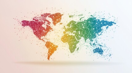 Global Network World map with vibrant lines connecting major cities, data points pulsating with activity, visualizing global communication and interconnectedness.