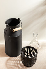 Group of Container isolated on studio background. Minimalist. Product design. Simplicity. Object. Modern. Home decoration. Houseplant. Plant pot. Space for text.Light and Shadow. Simple black vase.