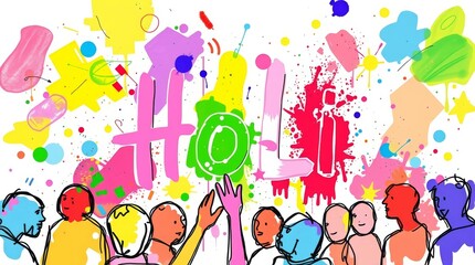 Fototapeta premium Vibrant Holi Festival Celebration with Colorful Paint Splatter and Joyful Crowd Silhouettes