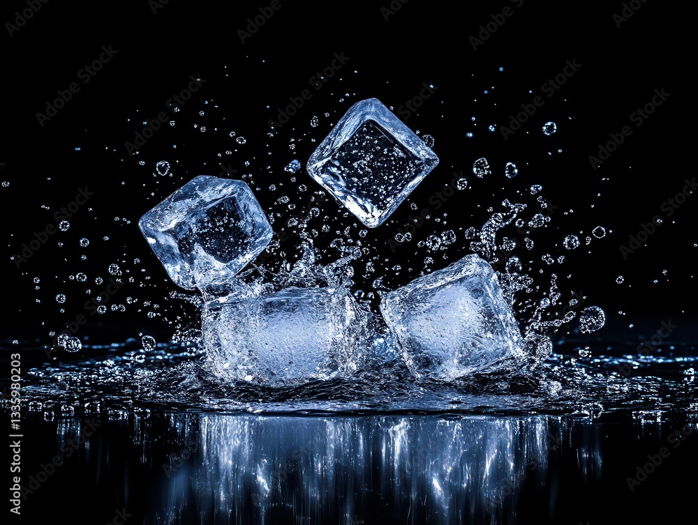 Poster ice cubes splashing into water against a dark background, creating dynamic droplets