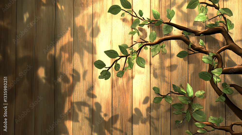 Aufkleber A close-up of a tree branch with green leaves casting shadows against a wooden backdrop, creating a serene and natural atmosphere