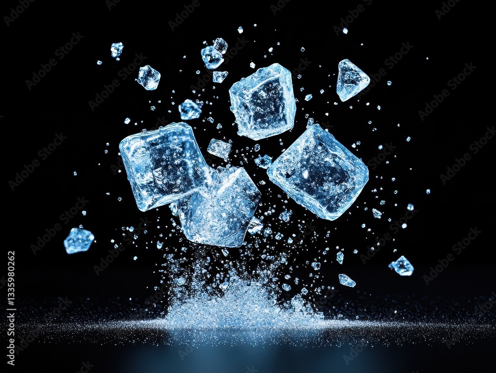 Aufkleber frozen ice cubes exploding in mid-air against a dark background, creating a dynamic splash effect