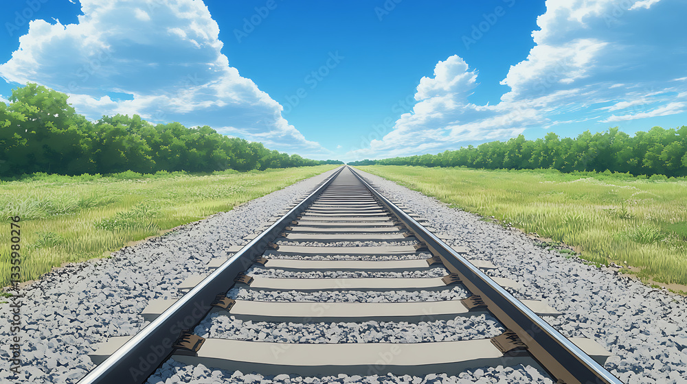 Poster A serene view of straight railroad tracks extending into the distance, bordered by green fields and a clear blue sky with fluffy clouds