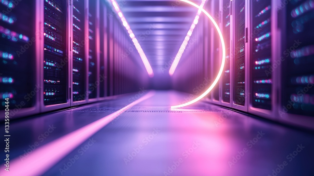 Poster neon industrial or tech aesthetic a view through a neon circular frame into a server room, with rows