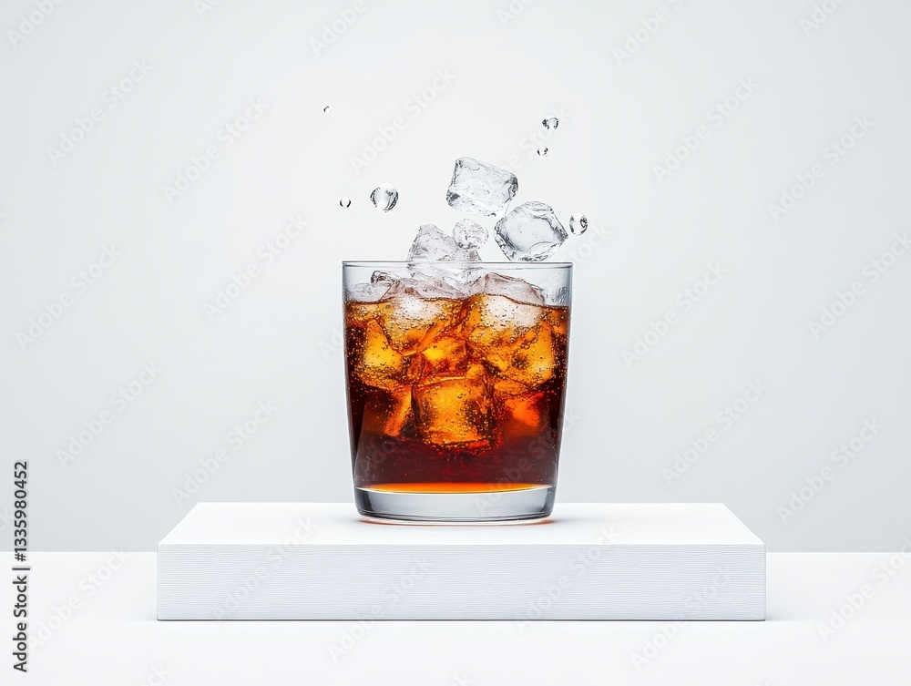 Aufkleber a refreshing glass of cola with ice cubes splashing on a minimalist background