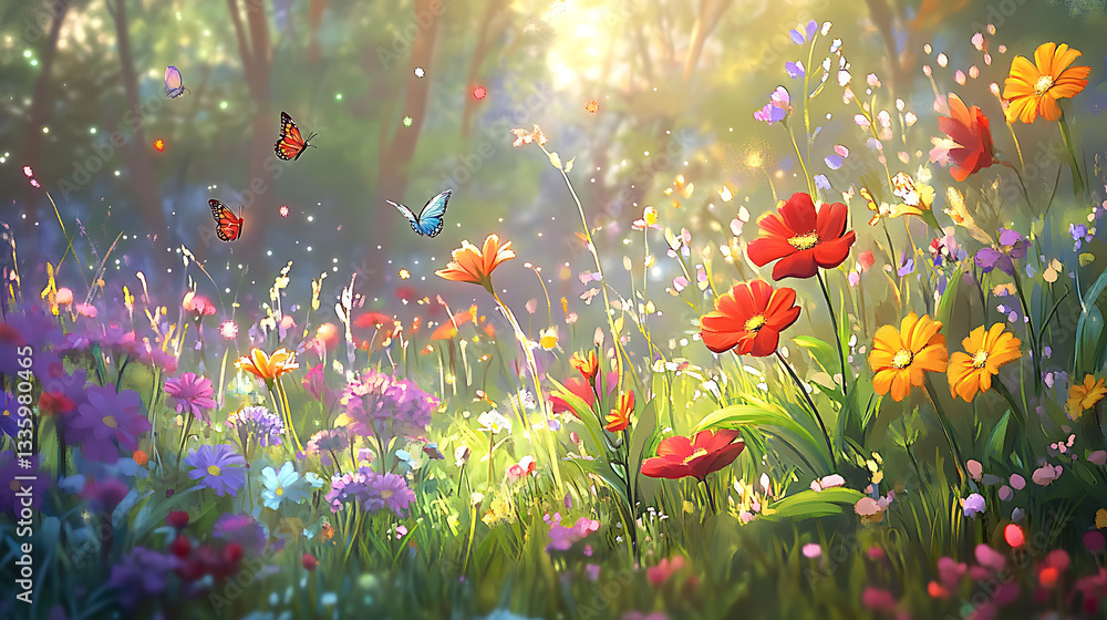 Poster a vibrant meadow filled with colorful flowers and butterflies, illuminated by soft sunlight, creatin