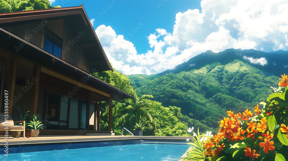 Poster a serene view of a house beside a pool, surrounded by lush greenery and colorful flowers, under a cl