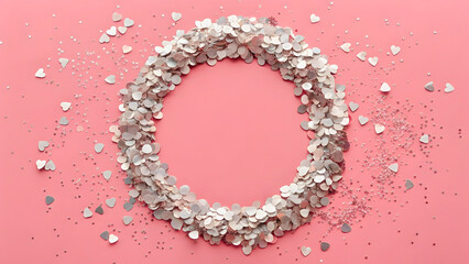 Obraz premium A Delicate Silver Heart Wreath Forming A Romantic Circle On A Soft Pink Background, A Symbol Of Love And Affection, Sparkling With Subtle Glitter