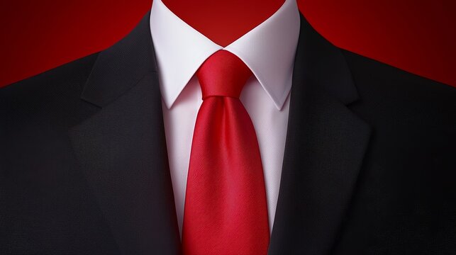 Striking red tie on a black suit, symbol of professionalism and elegance closeup