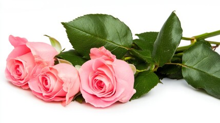 Fototapeta premium Pink roses with green leaves in watercolor style, symbolizing natural beauty and delicate elegance. 