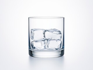 Clear glass with ice cubes, reflecting light, on a minimalist background