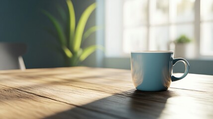 Cozy workspace with coffee mug, bright sunlight streaming through window, wooden desk with green plant for a relaxed atmosphere