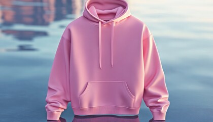 Soft pink hoodie design shown in sharp detail on a smooth reflective surface