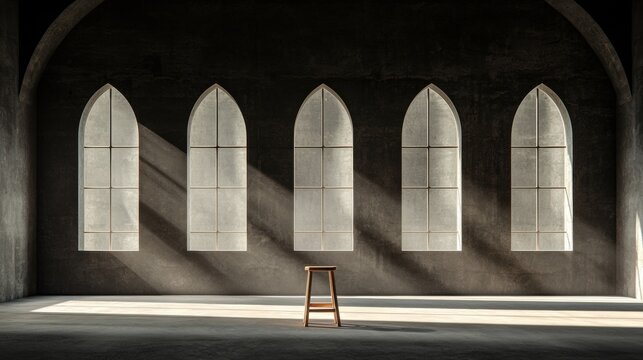 A wooden stool sits in the center of a large, empty room with a dark gray wall and arched windows.