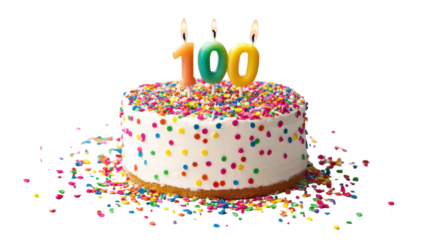 100th birthday cake with candles isolated on white background