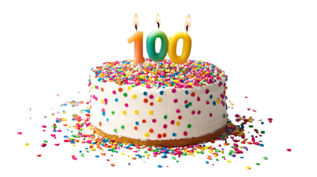 100th birthday cake with candles isolated on white background
