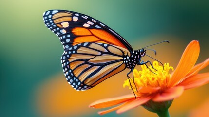 Fototapeta premium Vibrant Nature Close up of a butterfly with brightly colored wings perched on a flower, capturing the delicate beauty of nature.