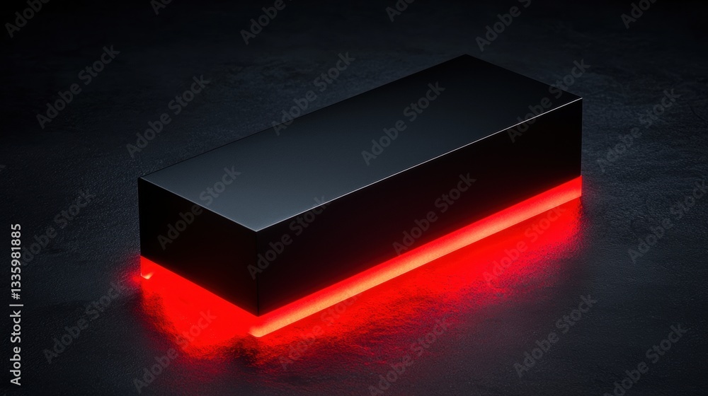 Poster a 3d rendering of a black cube with a red glow emanating from its base.