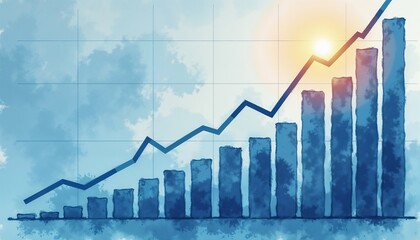 Watercolor illustration of an ascending bar chart with a trend line against a blue and light blue grid background, representing financial growth 