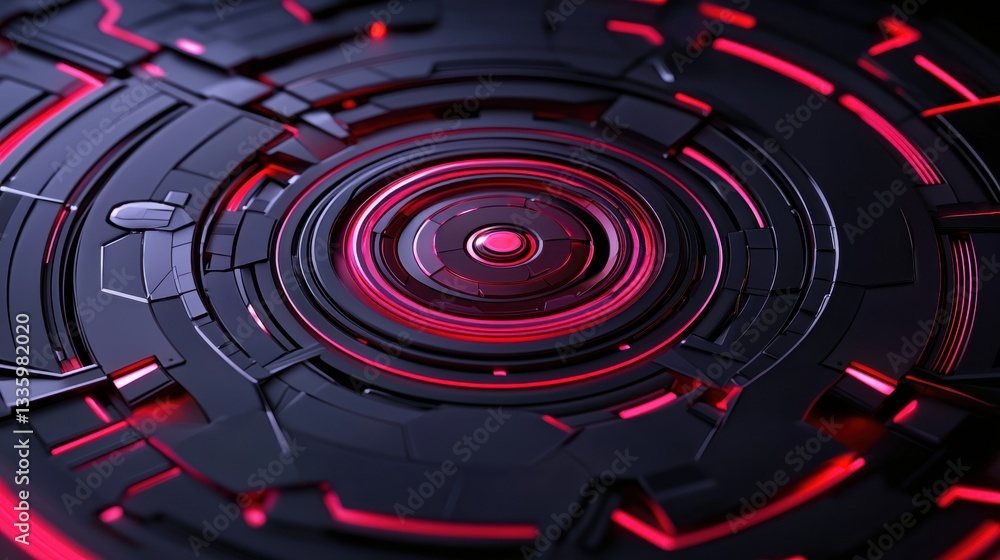 Poster a futuristic, abstract design of a circular pattern with glowing red lines and a central glowing cir