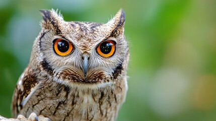Obraz premium Alert owl perched outdoors, detailed feathers and large expressive eyes, showcasing nature's wildlife and vibrant greenery.