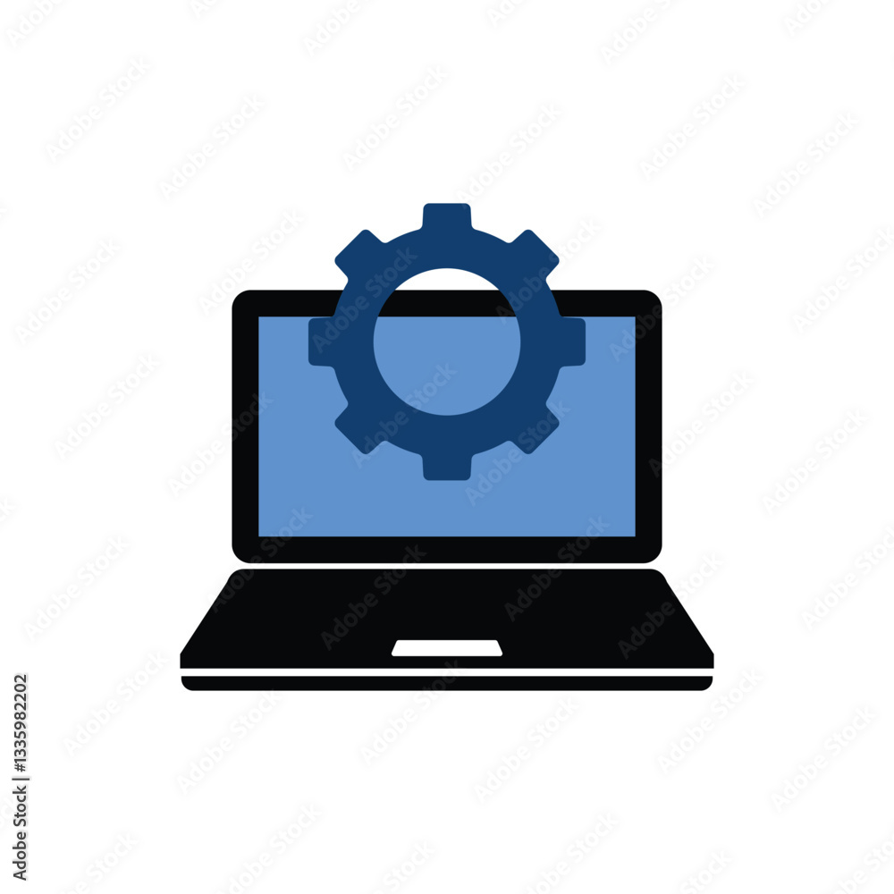 Poster blue laptop with gear icon like tech support. flat trend modern simple logotype design web element i