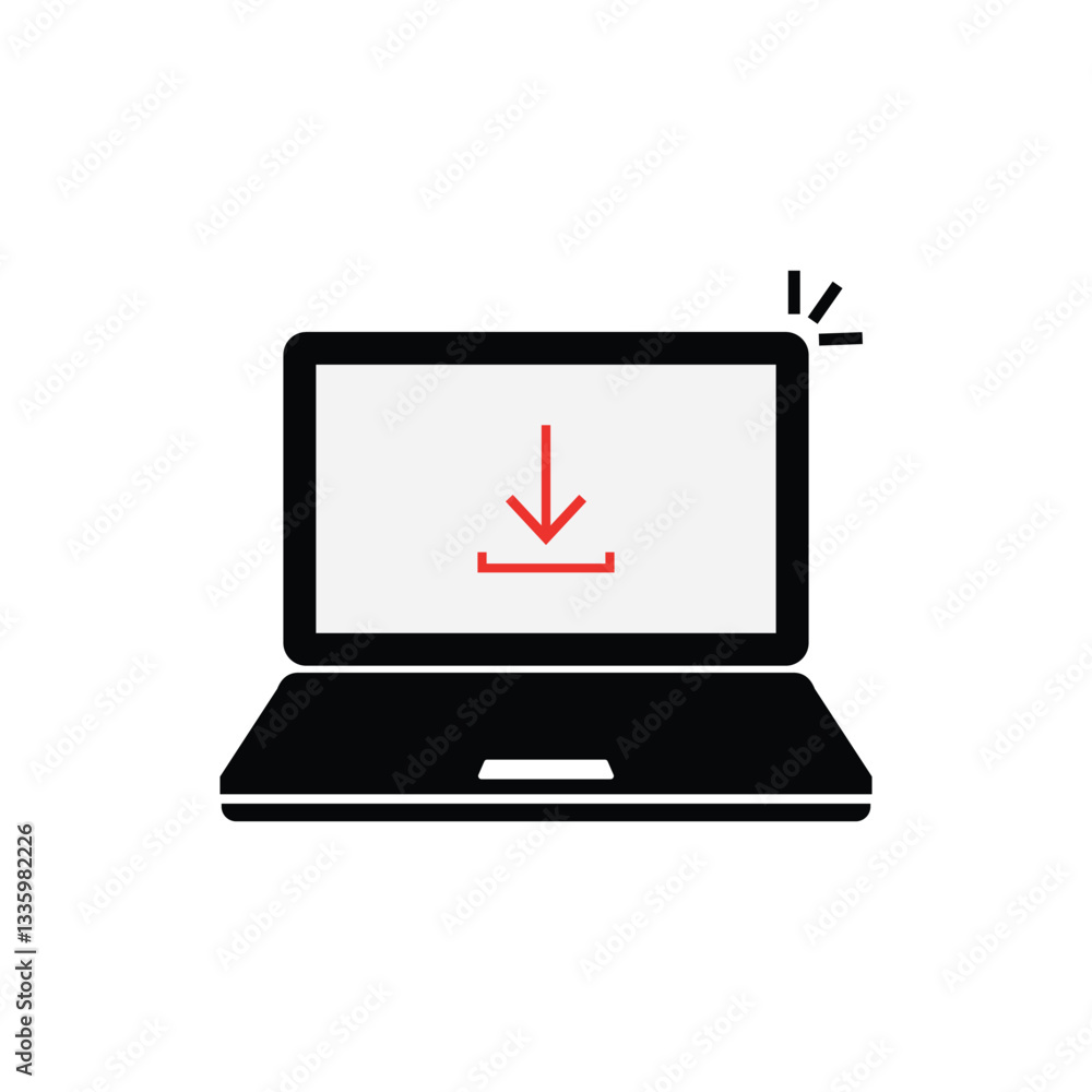 Poster download arrow in red laptop on white. concept of software updating or loading and torrent upload st