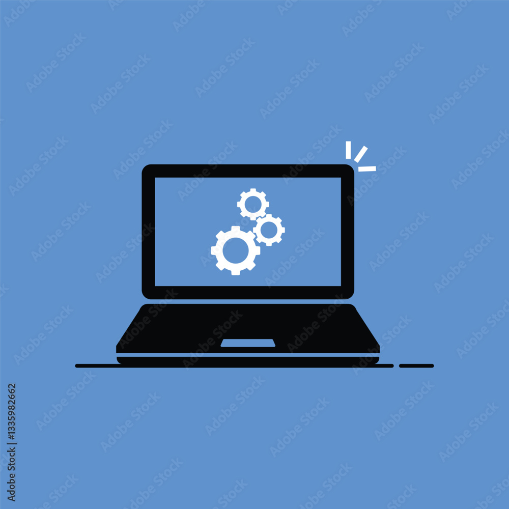 Poster black laptop icon with gear wheel inside. flat modern simple logotype design web element isolated on