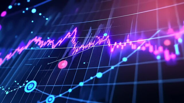 Abstract digital data visualization with colorful graphs and lines representing market trends and analysis