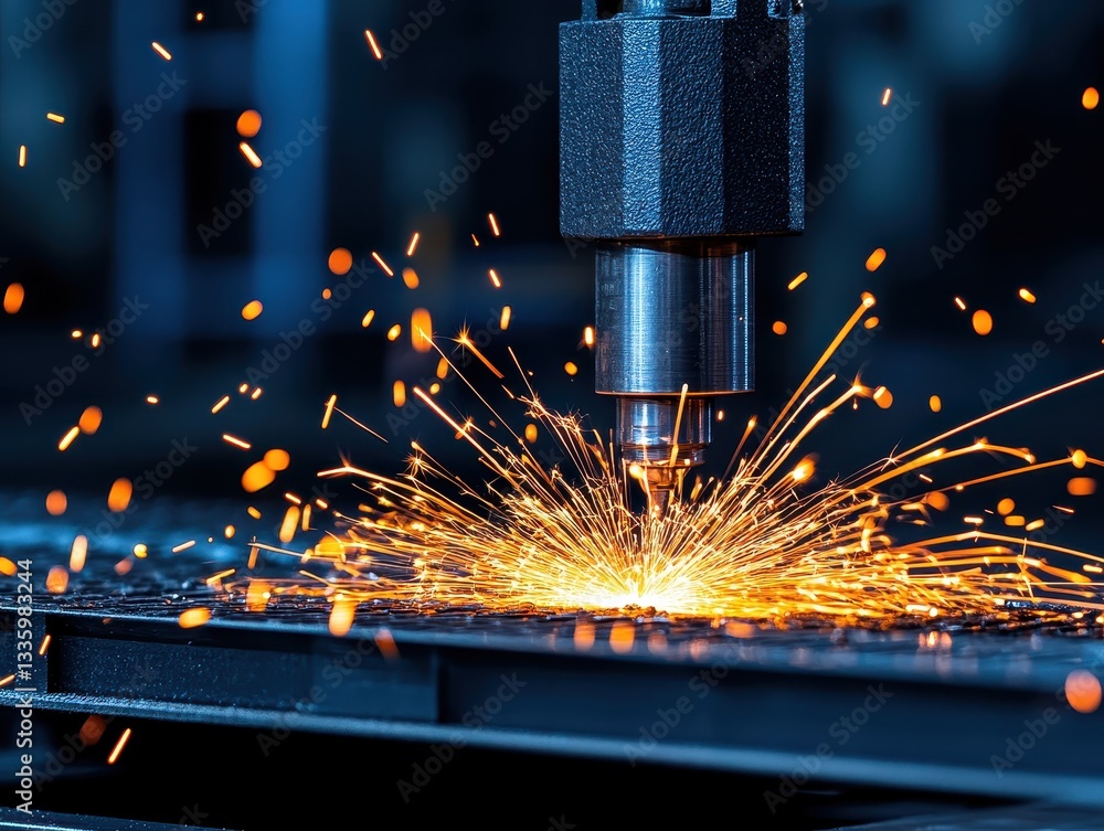 Poster industrial laser cutting process creating sparks in a workshop environment