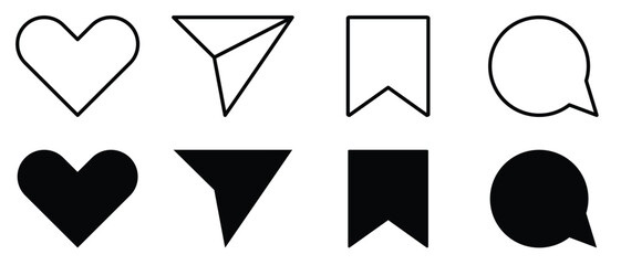 Icons like comment, share, save, like media button. Outline icon heart arrow direct message interface message minimalist. Set of social network user interface button icons on white background. 
