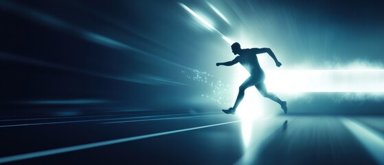 Obraz premium Athlete sprinting through glowing barrier, symbolizing limits and challenges
