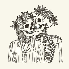 Skeleton couple wear flower crown kissing on the cheek a minimalist vector graphic depicting love's enduring embrace.
