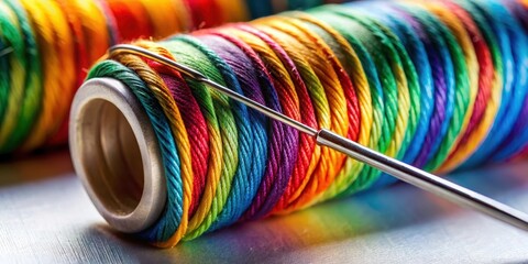 A close-up shot of a needle with a coil of colored thread wrapped around it, showcasing the intricate details of the sewing tool