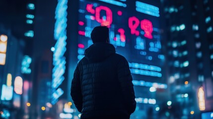"A person standing in front of a huge cryptocurrency billboard displaying live market updates
