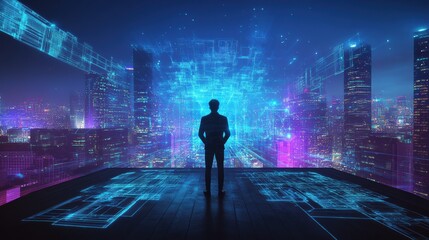 Fototapeta premium Visionary thinker on rooftop, surrounded by holographic blueprints and future projections