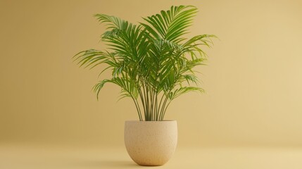 Fototapeta premium A lush green palm plant in a beige pot.