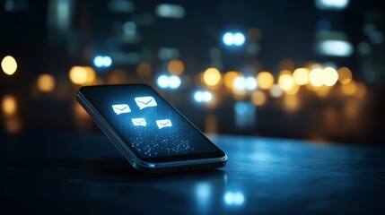 Illuminated envelope icon on a mobile phone screen, visual representation of digital communication
