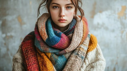 Cozy sweater made from repurposed wool scarves indoor setting fashion photography warm atmosphere close-up view sustainable fashion
