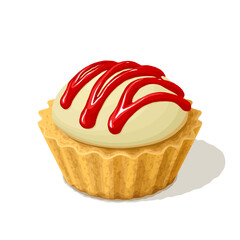 Delicious Strawberry Cheese Tart Vector Illustration. Buttery Crust with Creamy Cheesecake Filling and Strawberry Topping