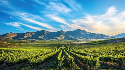 Fototapeta premium Green vineyard landscape with mountains and a clear blue sky