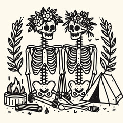 Skeleton couple wear flower crown camping minimalist graphic design depicts a spooky yet romantic autumnal adventure.