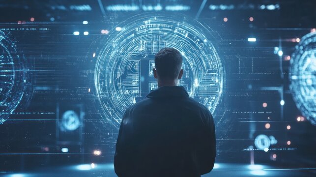 "A young entrepreneur launching a new cryptocurrency project, futuristic stage setup