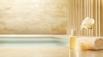 Spa Aromatherapy and Essential Oil An assortment of essential oil bottles, diffusers, and candles arranged on a spa table, creating a serene and inviting atmosphere.